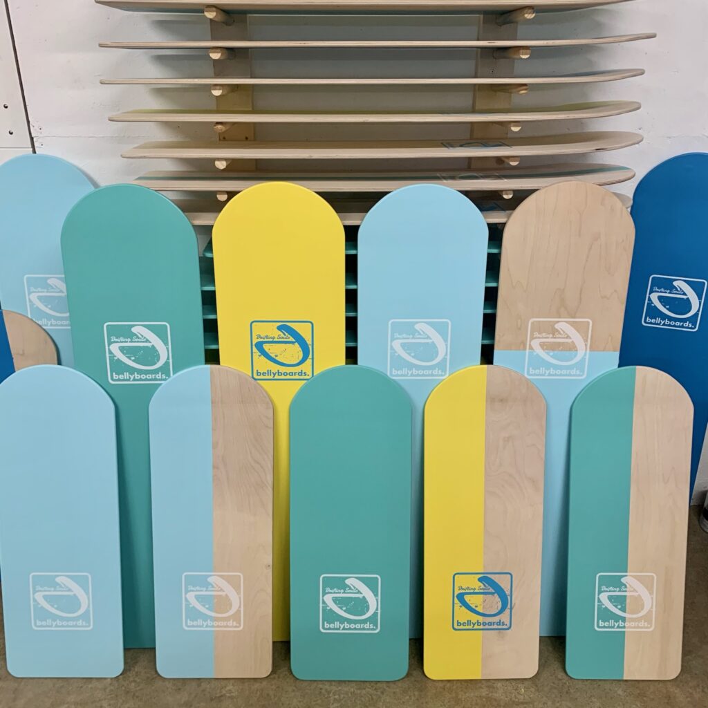 Selection of bellyboards standing up